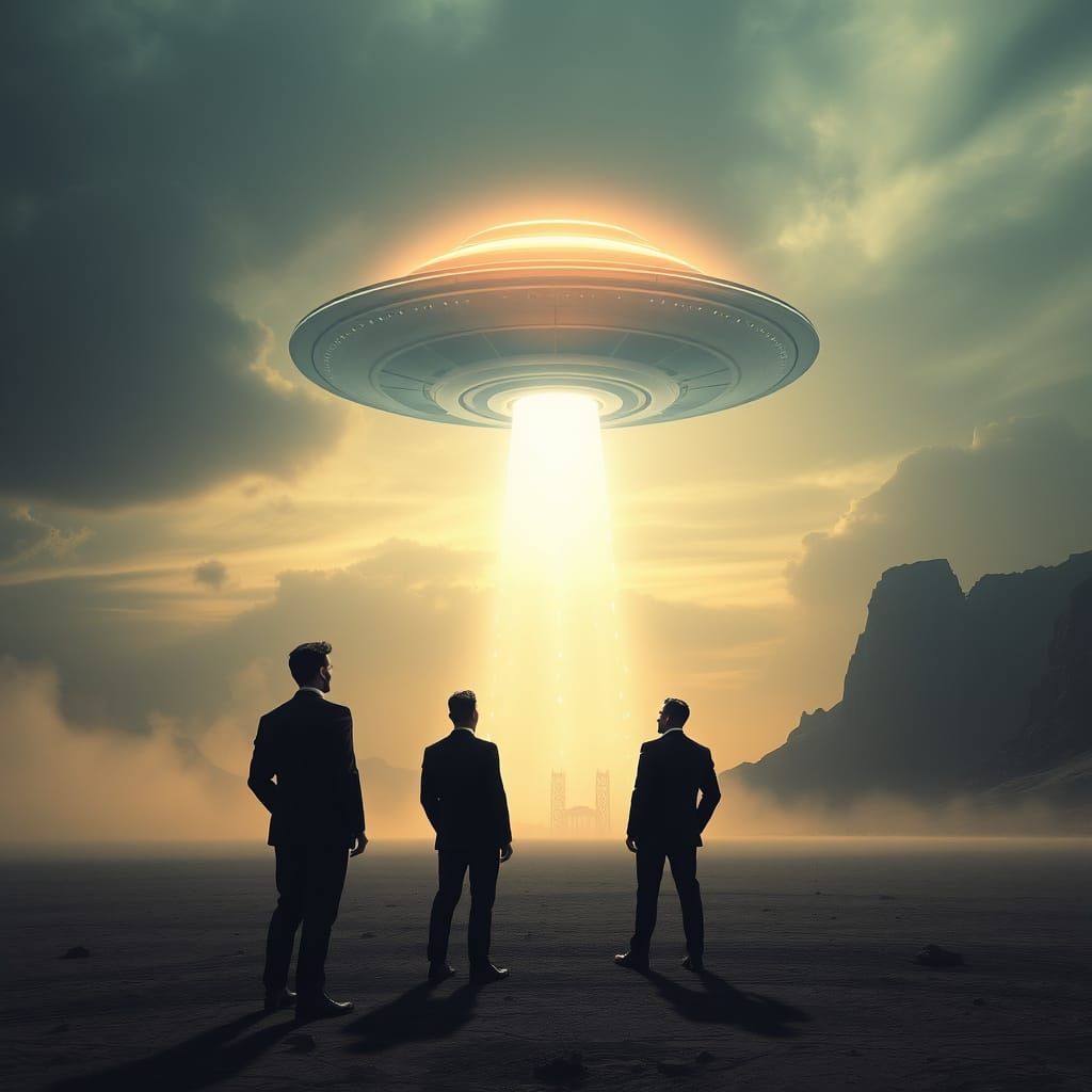 Men in Formal Attire Gaze Up at Glowing UFO in Surreal Lands...
