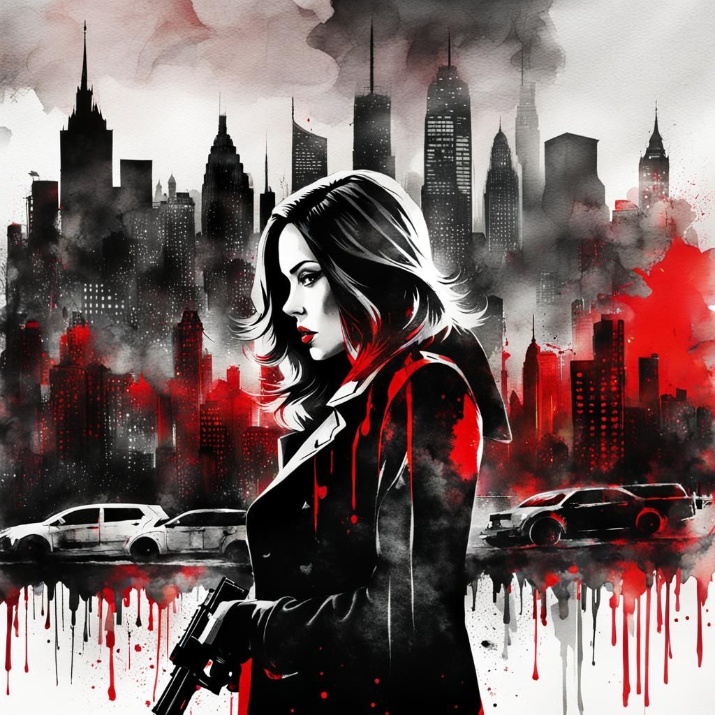 Noir Detective Double Exposure in Watercolor and Pen