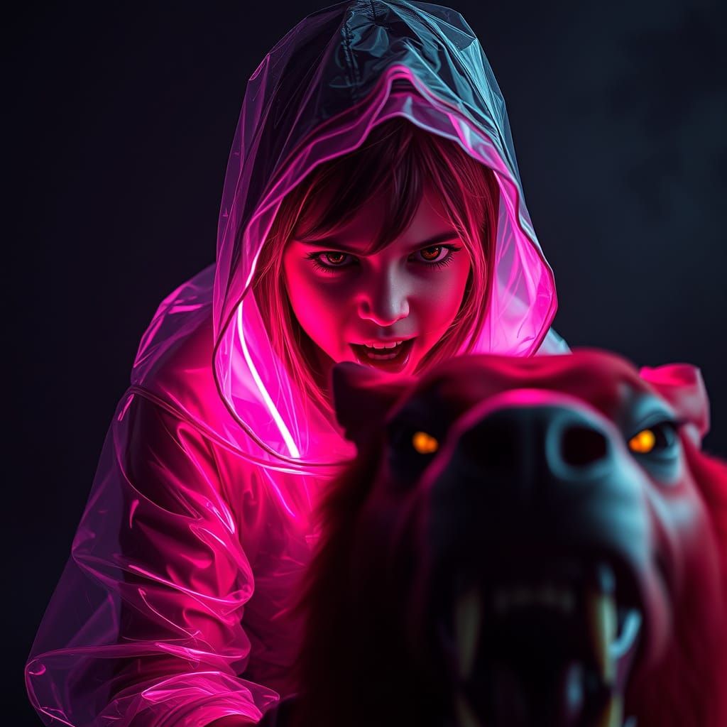 Creepy Horror Portrait: Neon Girl with Hellhound