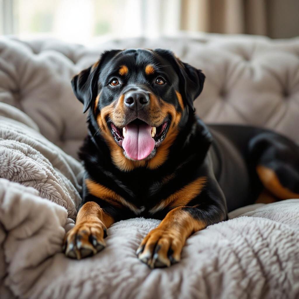 Relaxed Rottweiler Resting on a Grey Couch in Soft Light