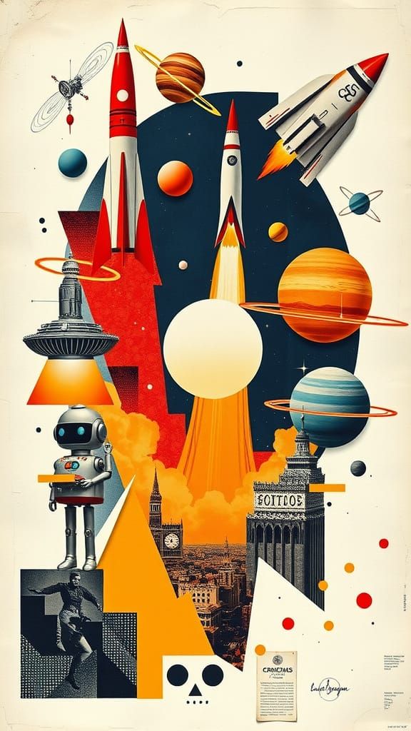 Retro-Futuristic Space Collage in Vintage Graphic Style
