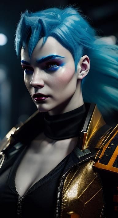 Cyberpunk Heroine with Blue Hair and Cybernetic Enhancements