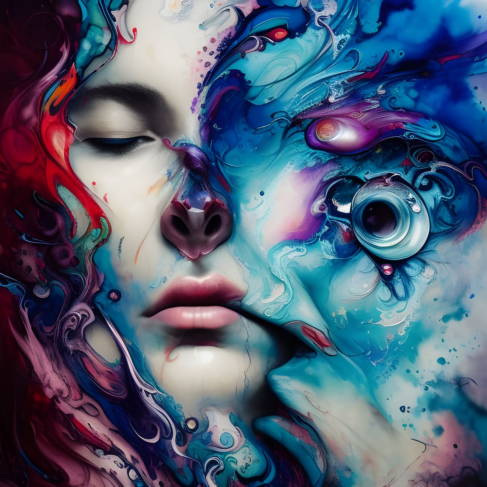 Mind Blown Portrait in Colorful Ink Flow
