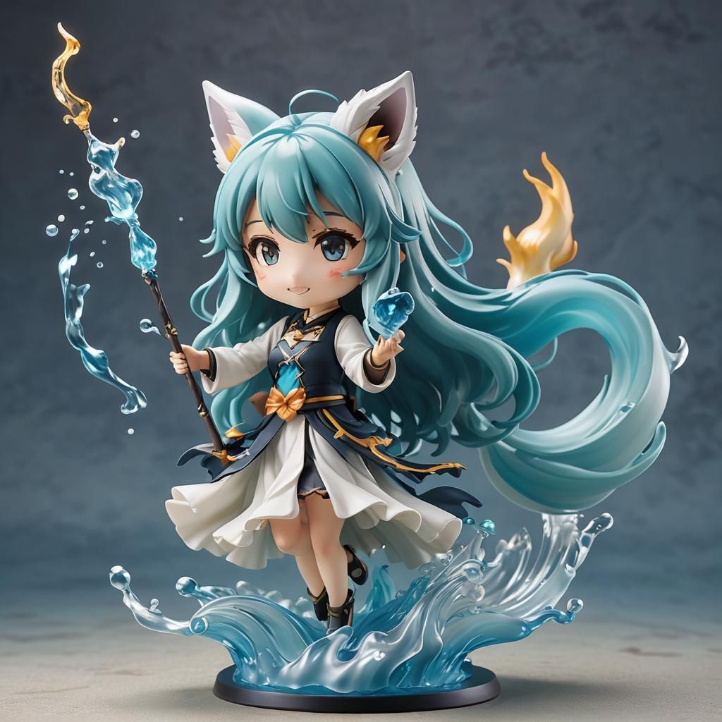 nendoroid of a cheerful anime cyan-haired idol girl with fox ears, long hair