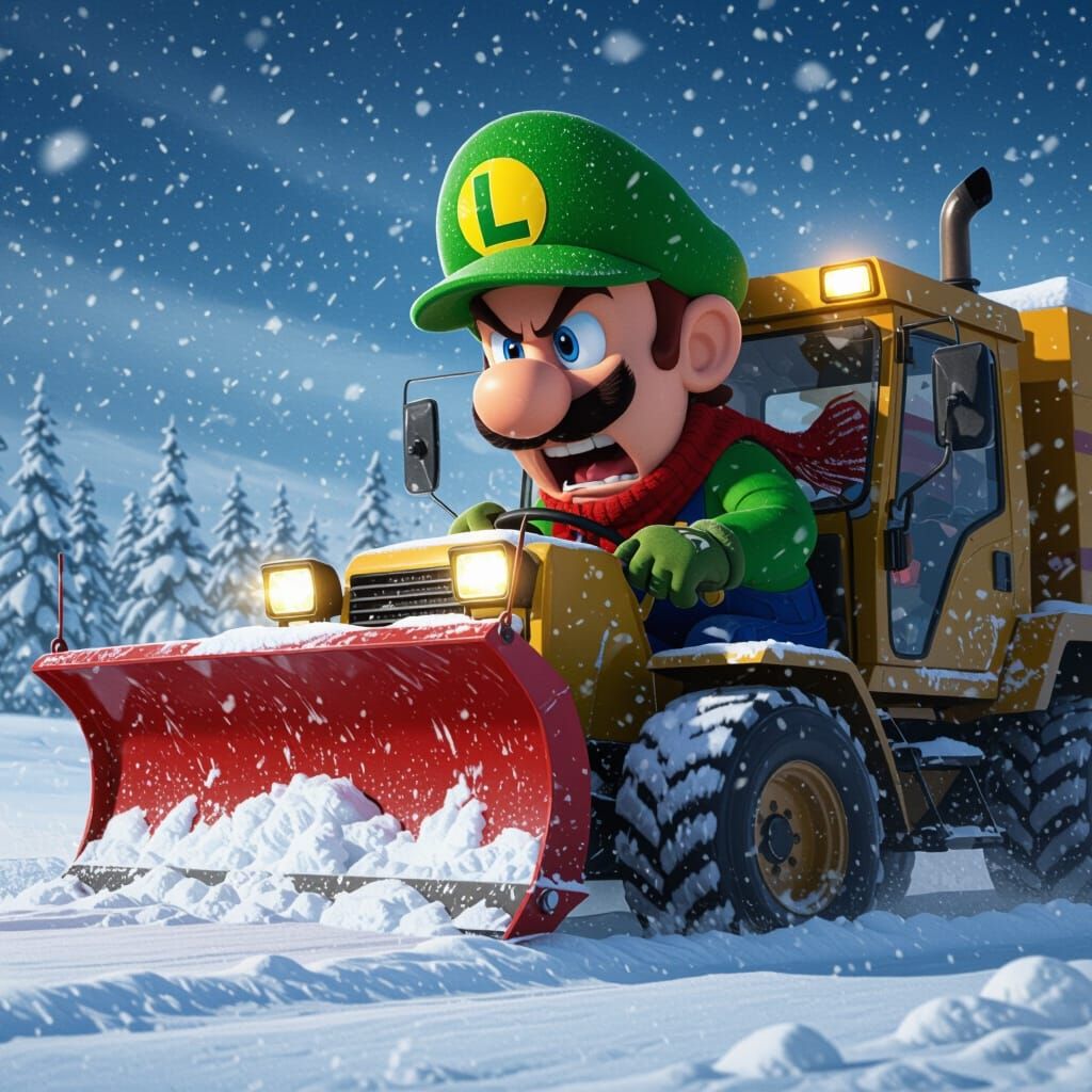 Luigi Plows Through Snowstorm in Photorealistic Style