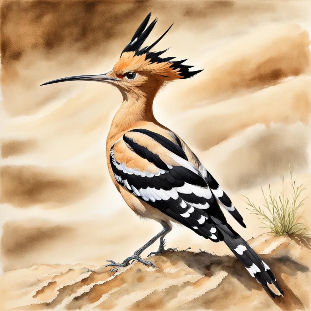 Hoopoe Foraging Amongst Sand Dunes: Watercolor Style