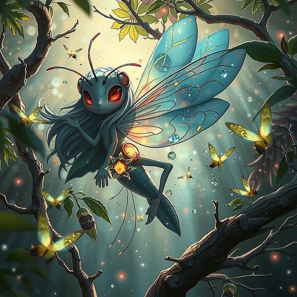 Enchanted Firefly Hero in Vibrant Anime Scene