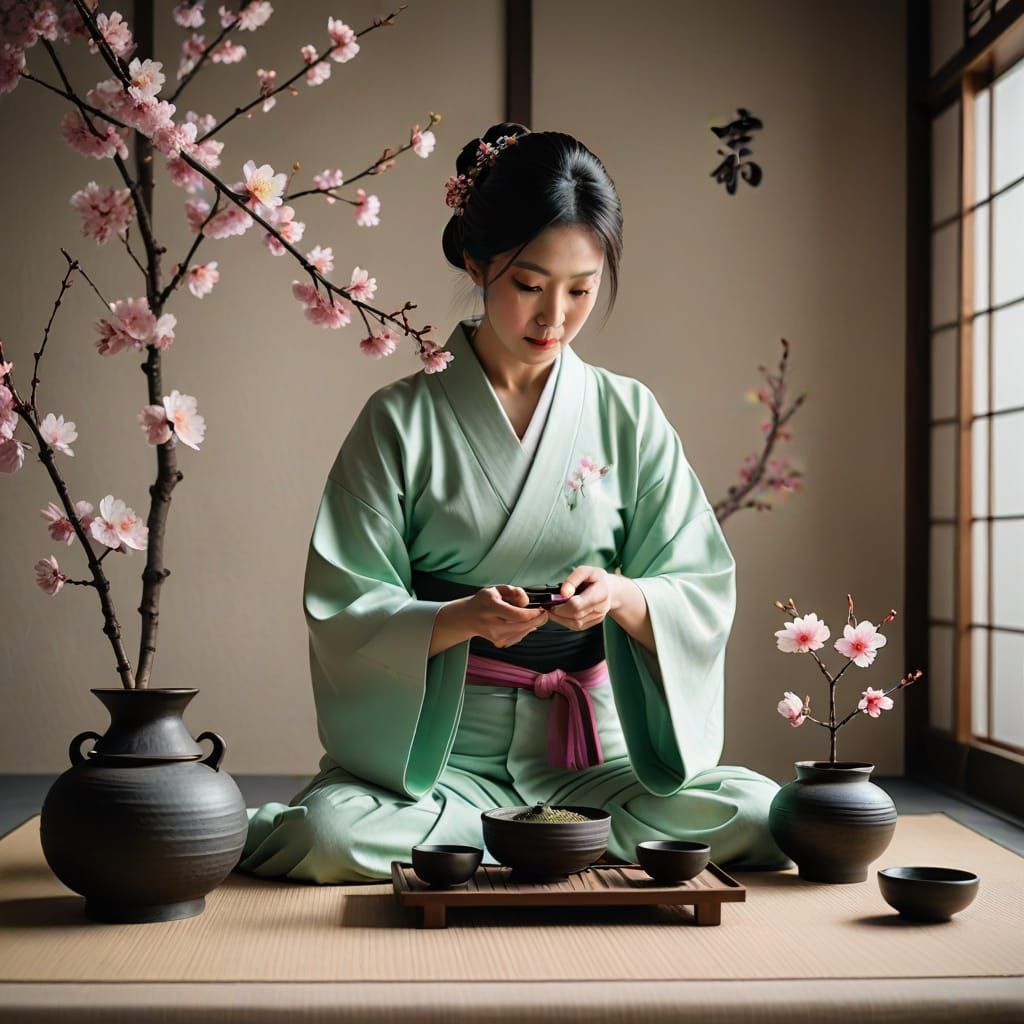 Woman in Traditional Kimono Performs Tea Ceremony