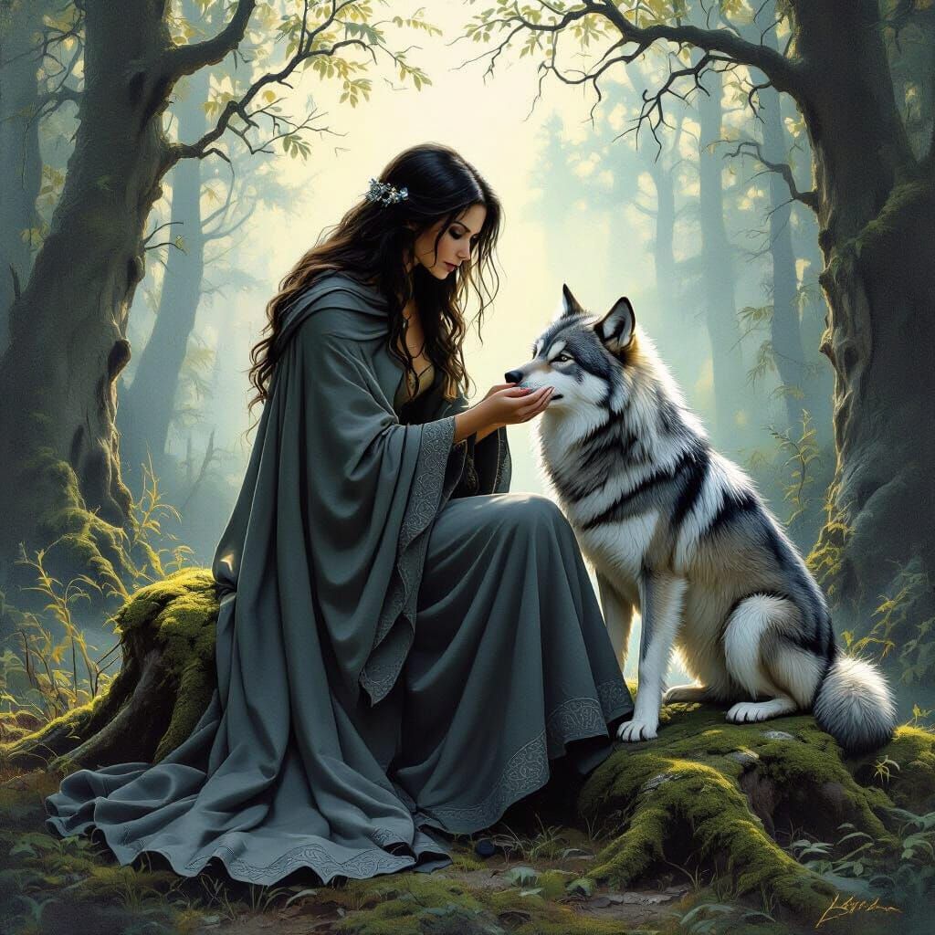 Woman and Wolf in Enchanted Forest