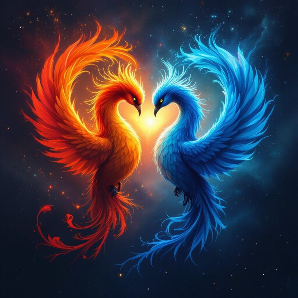 Phoenixes Entwined in Heart Shape, Cosmic Unity
