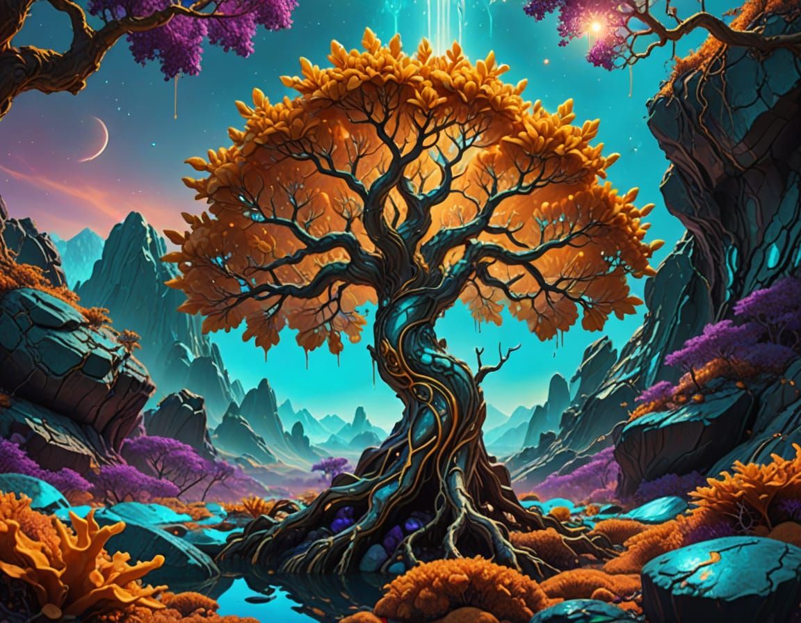 Surreal Fantasy Landscape with Glowing Alien Tree