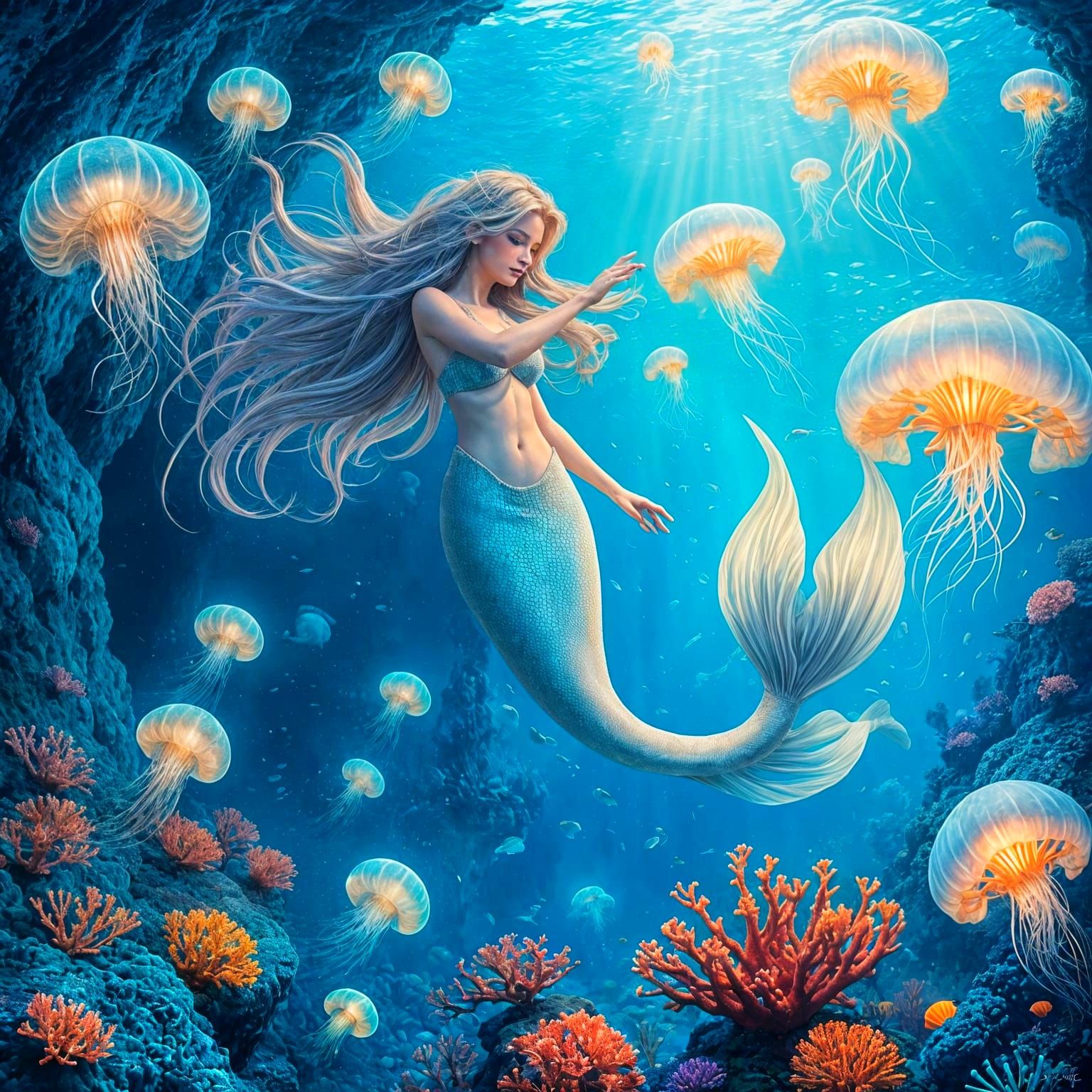 Serene Mermaid in a Vibrant Ocean Scene