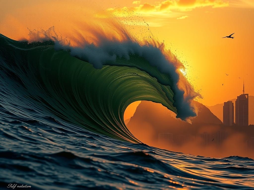 Massive Wave Crashes into Rio de Janeiro at Sunset