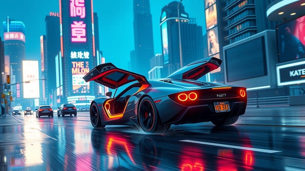 Neon Dreamscapes: Futuristic Car Speeds Through Cyberpunk Ci...