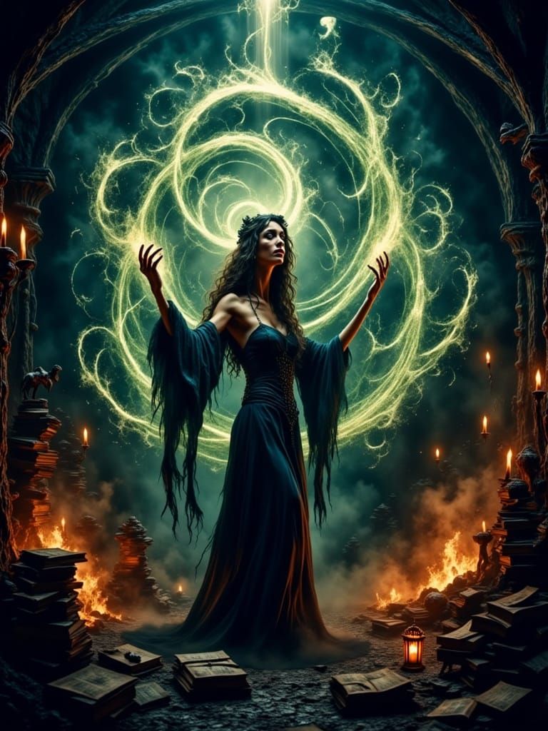 Mystical Sorceress Unleashes Dark Magic in Haunting Lair