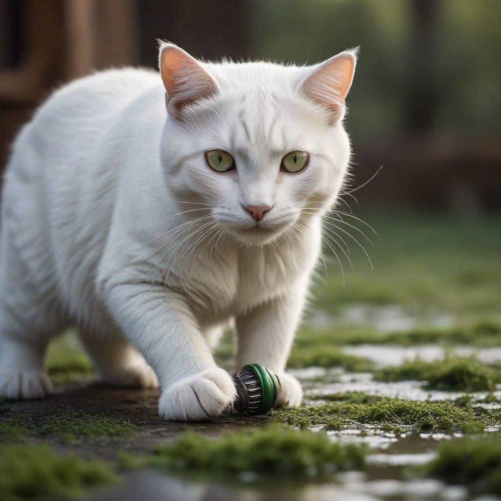 Whimsical White Cat Pounces on Green Toy