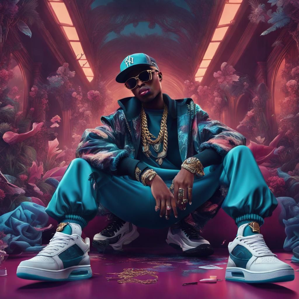 illustration inspired by hip-hop's impact on high-end couture. Showcase a high-fashion ensemble with a hip-hop twist.