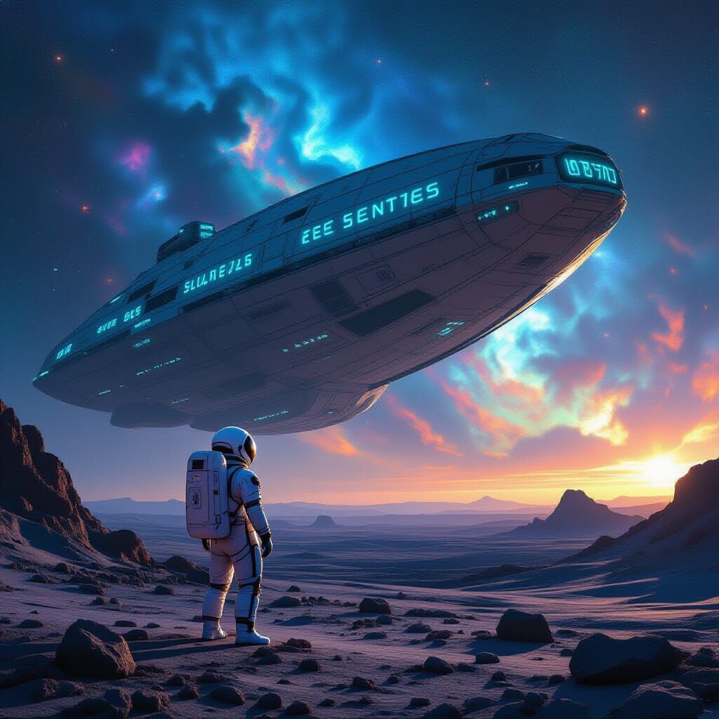 Astronaut Gazes at Colossal Alien Spaceship on Nebula Planet