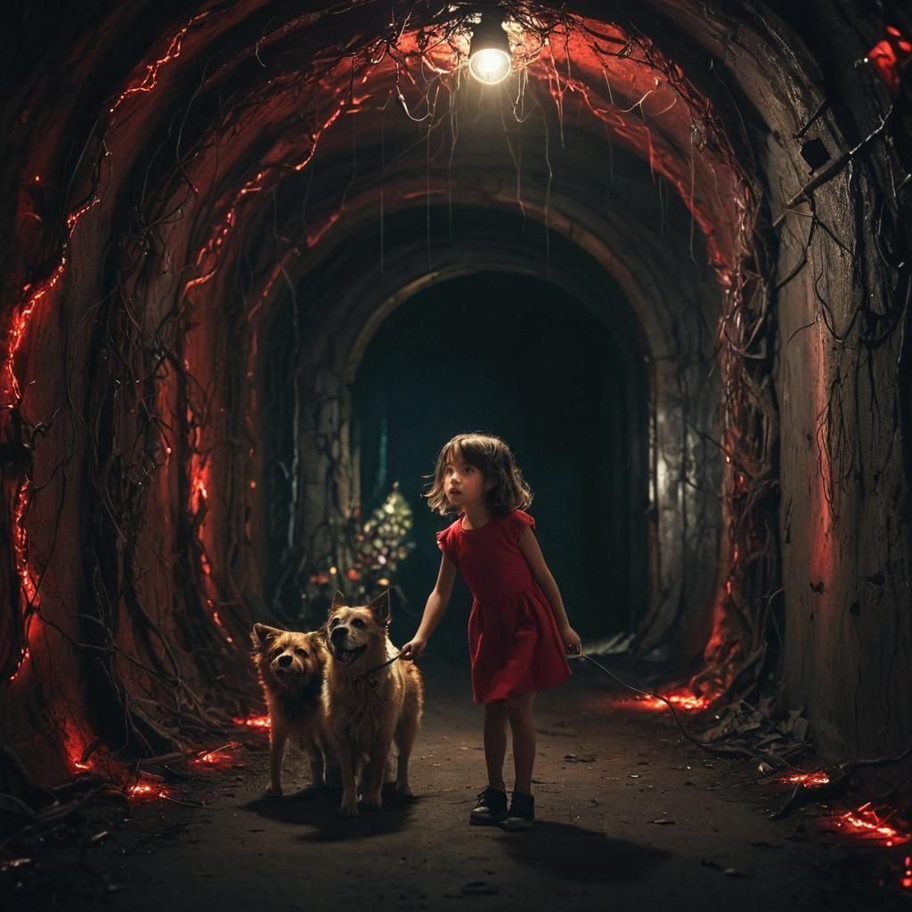 Scared Girl and Dog Crawling to Fantasy World