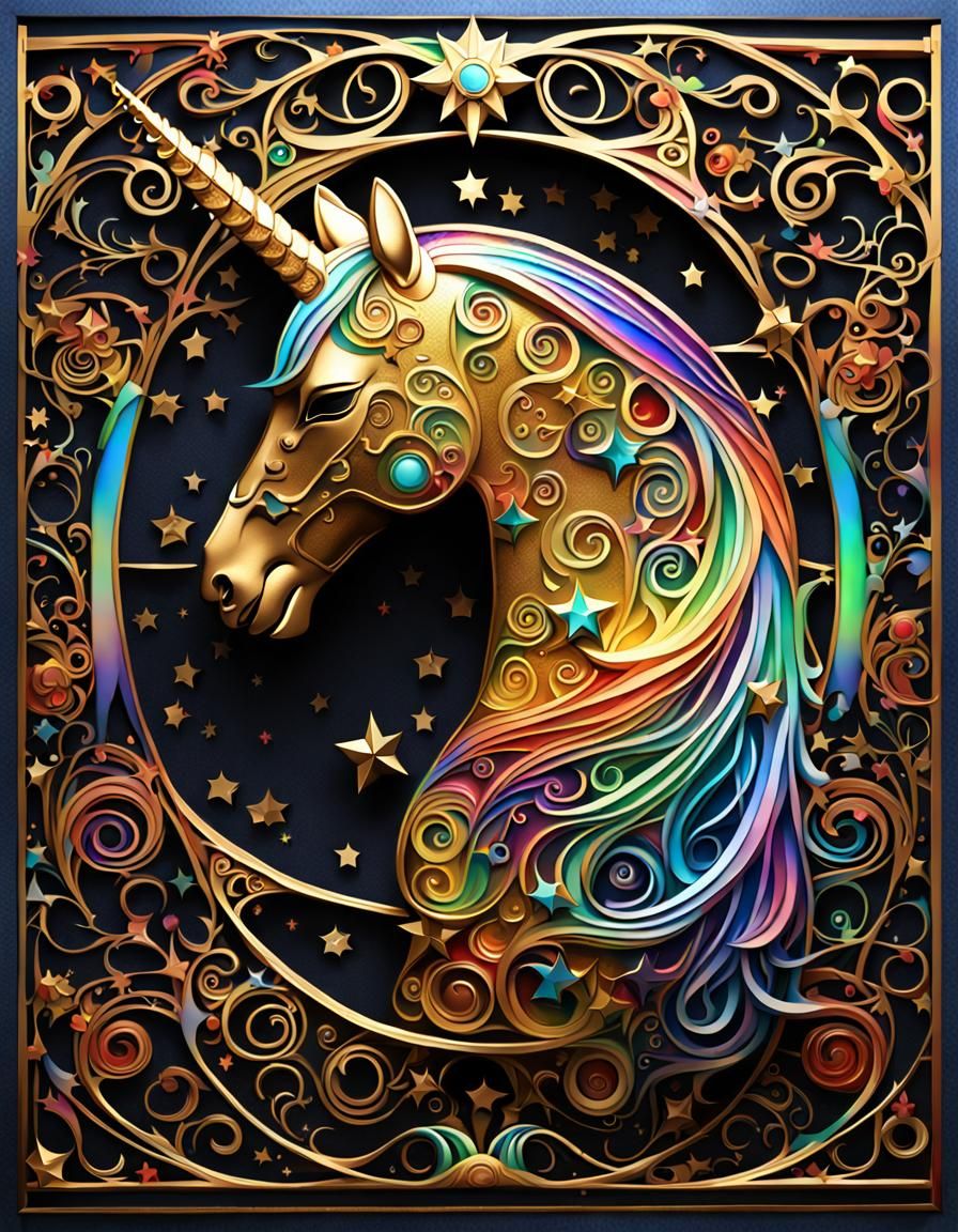 Rainbow Unicorn in Gold Metal, Art Nouveau Style