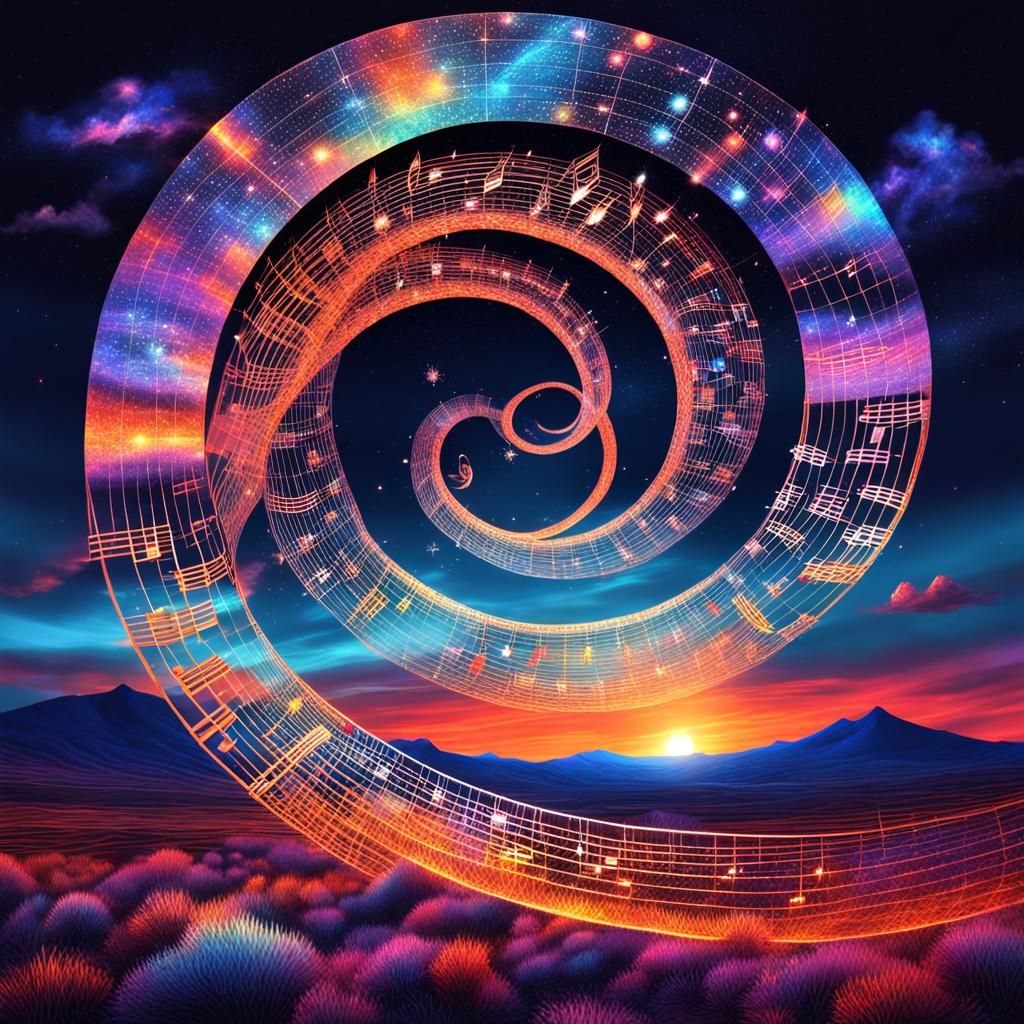 Astral Night Sky with Spiraling Music, Holographic Illustrat...