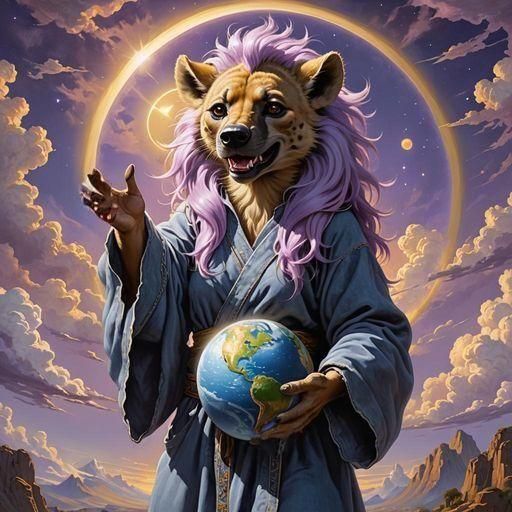 Furry Hyena Goddess Holding Earth in Religious Painting