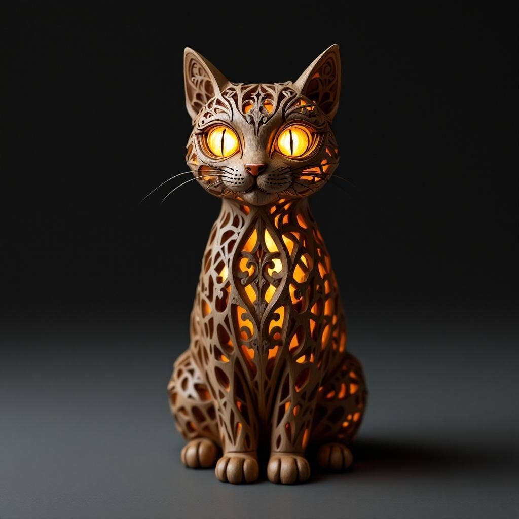 A filagree wooden cat statue with glowing yellow eyes