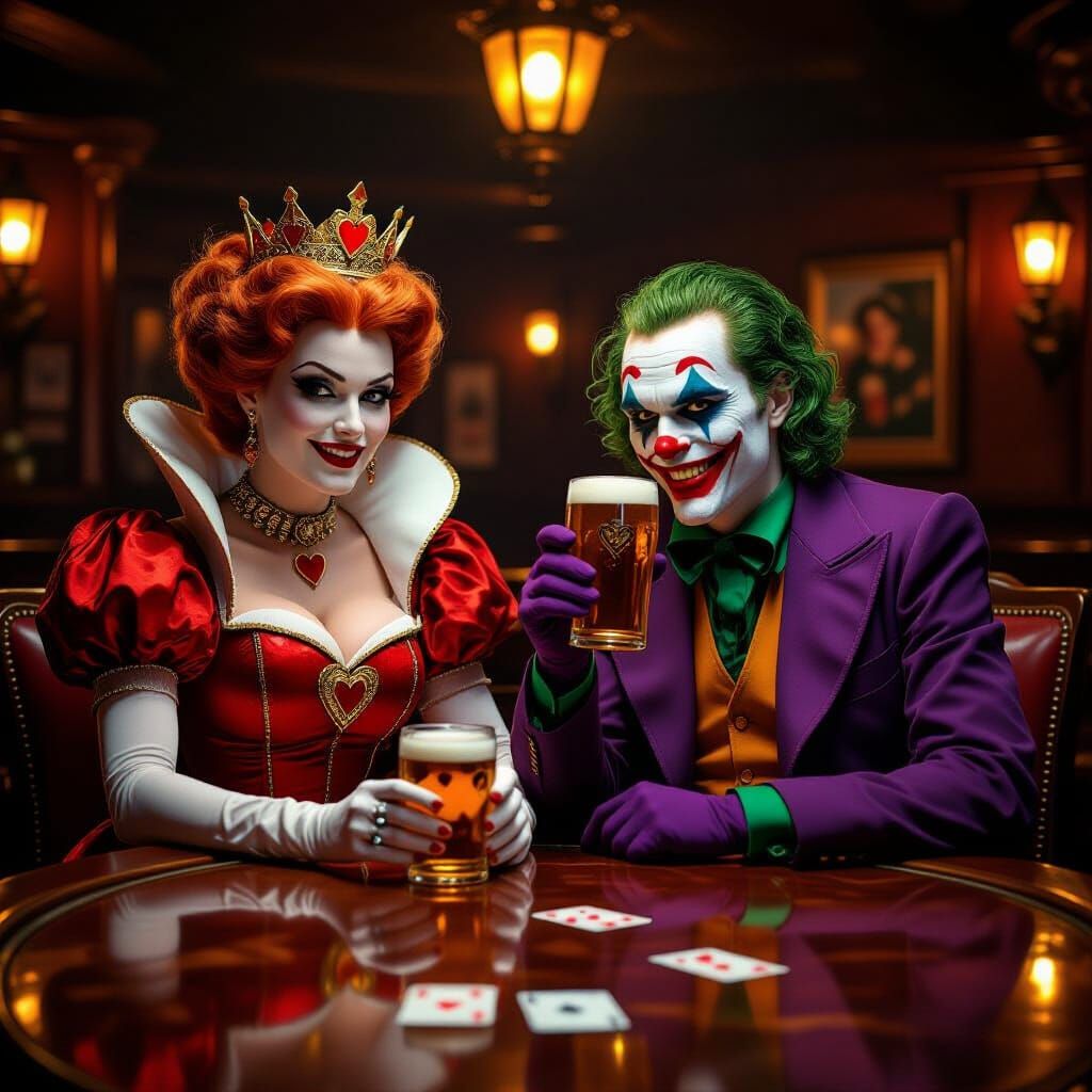 Queen of Hearts and Joker Relax in Vintage Pub