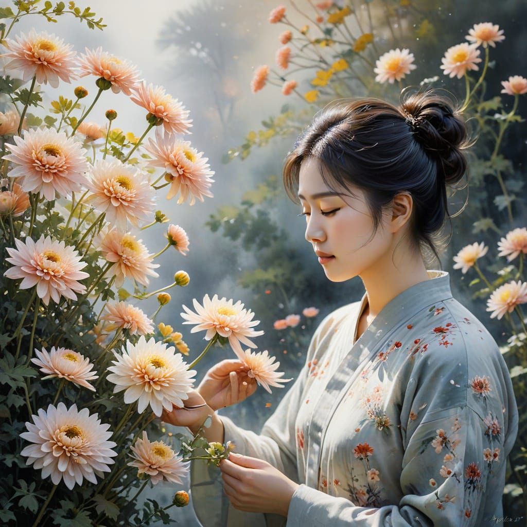 Tao Yuanming Admiring Blooming Chrysanthemums in Watercolor