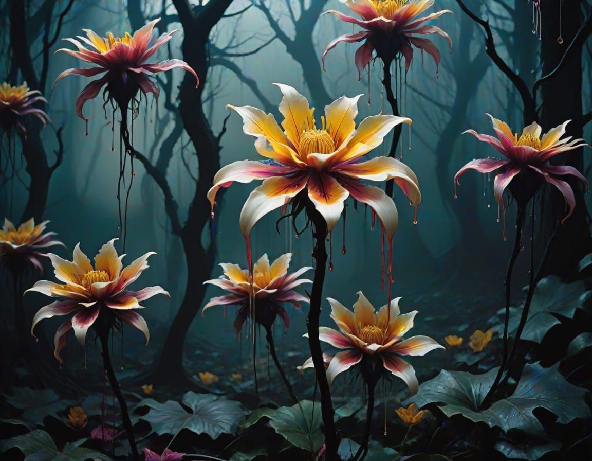 Surreal Dreamscape of Shadow Flowers and Lyrical Chaos