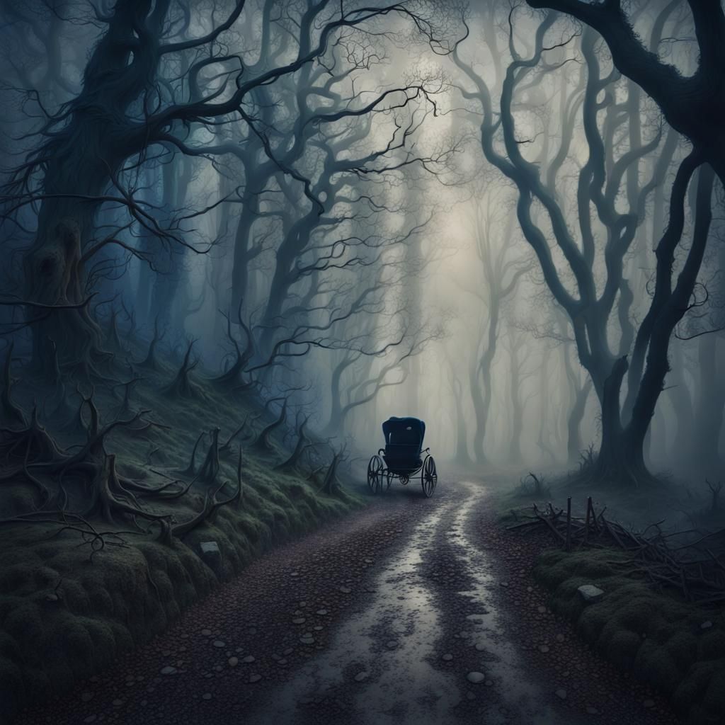 Creepy Blue Haunted Forest with Misty Path