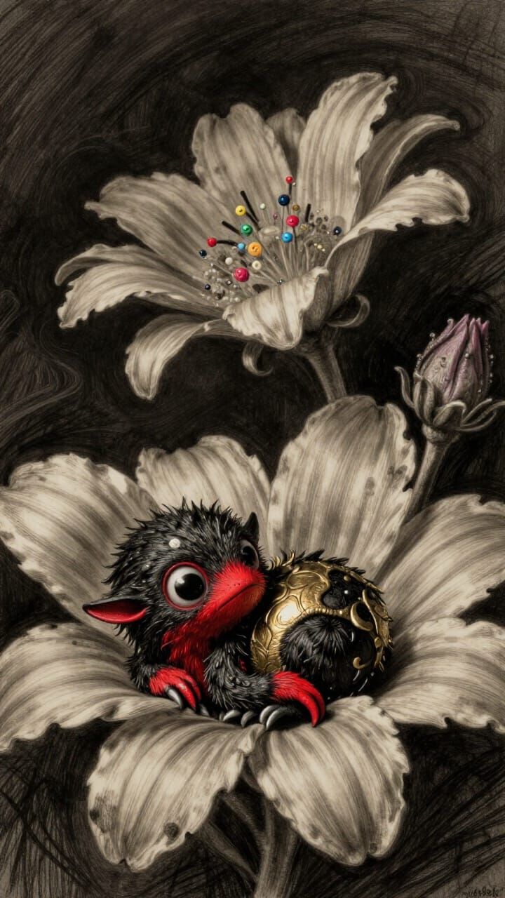 Cute Creature Holding Golden Orb in Dramatic Charcoal Drawin...