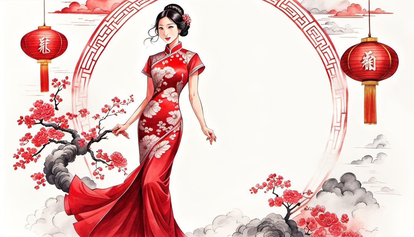 Chinese Woman in Red Cheongsam Ink Drawing