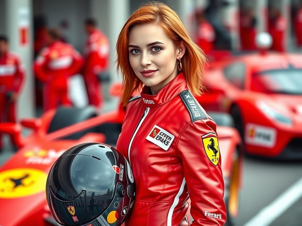 Woman Poses With Red Ferrari Race Car