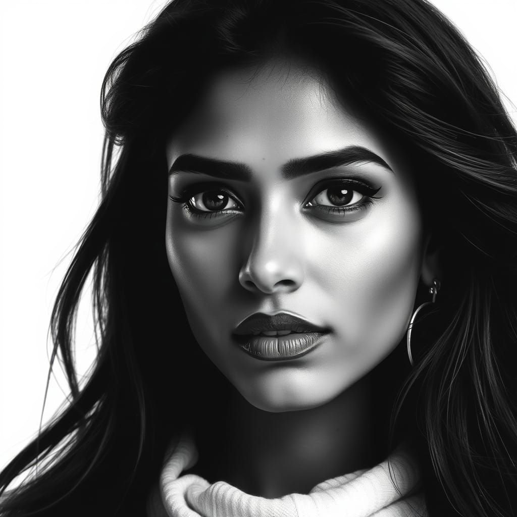 High-contrast black and white portrait of an Indian woman