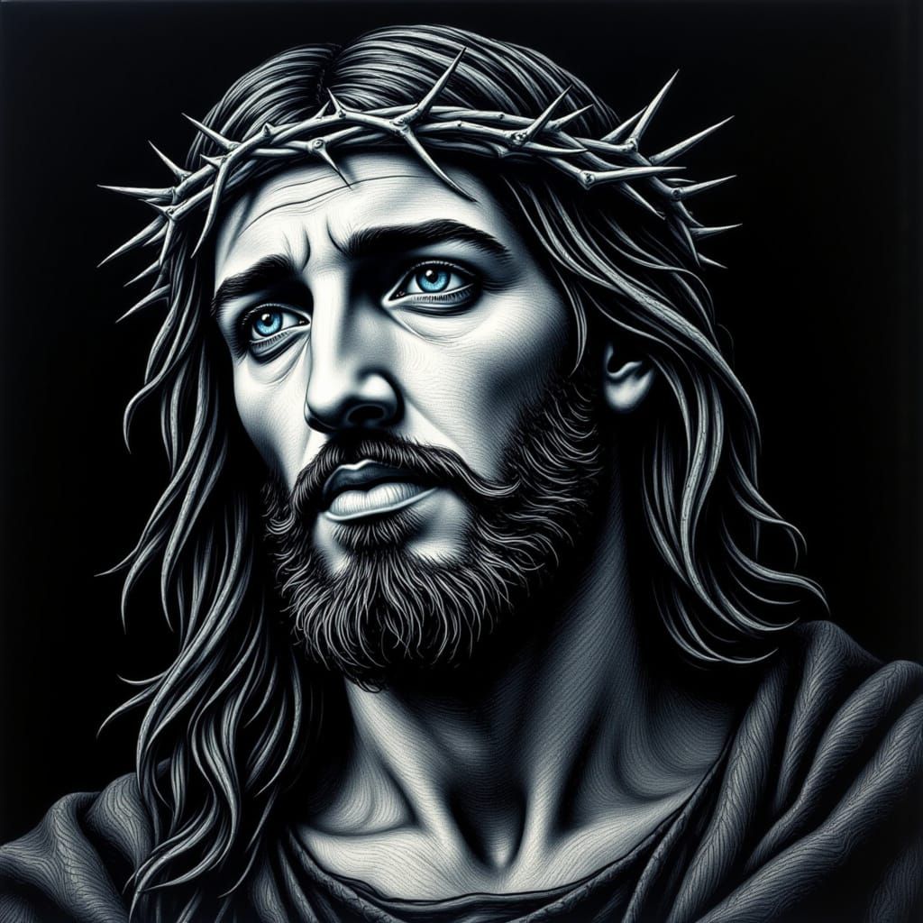 Solemn Portrait of Jesus Christ in Scratchboard Art