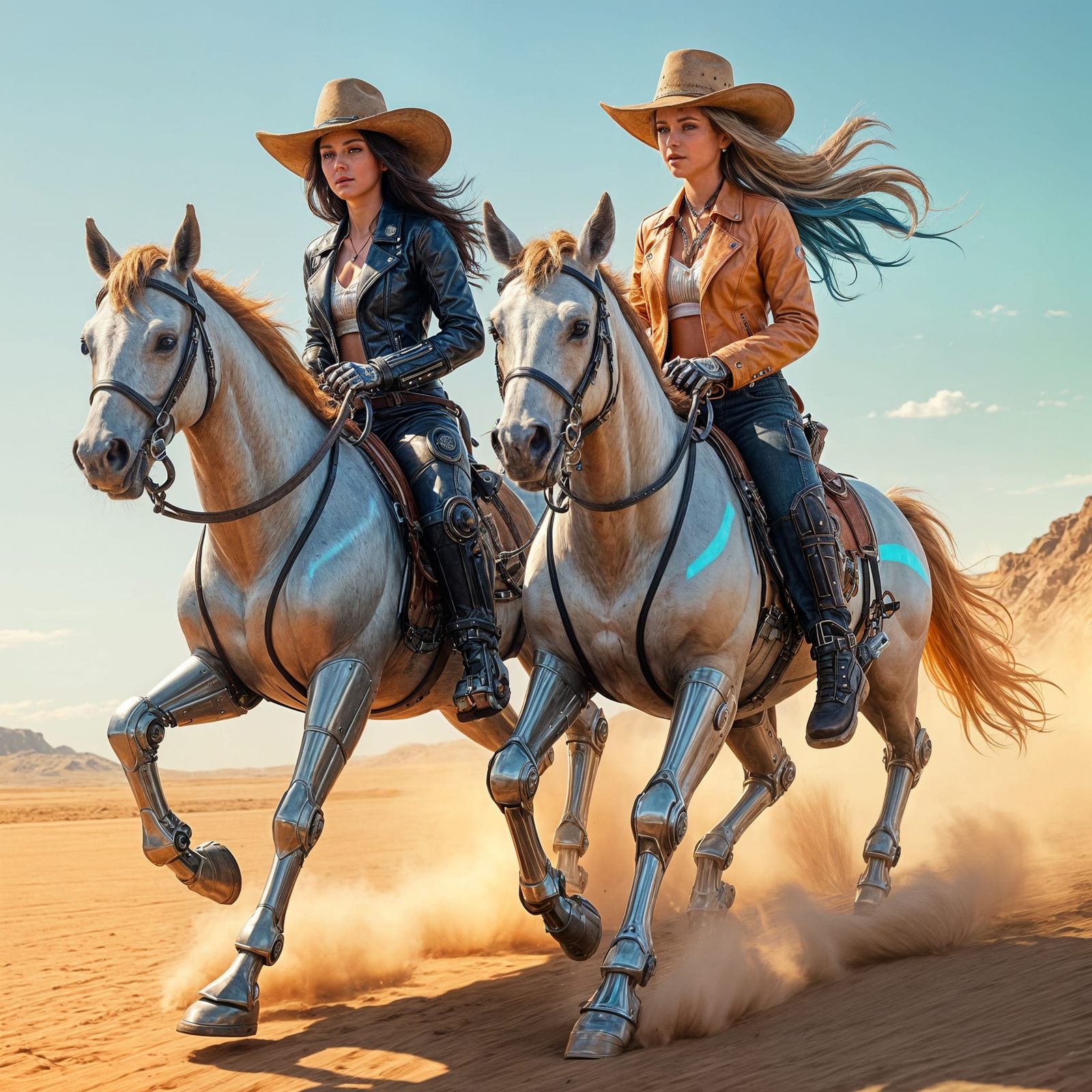 Futuristic Cowgirls Ride Robotic Horses Across Dusty Plains