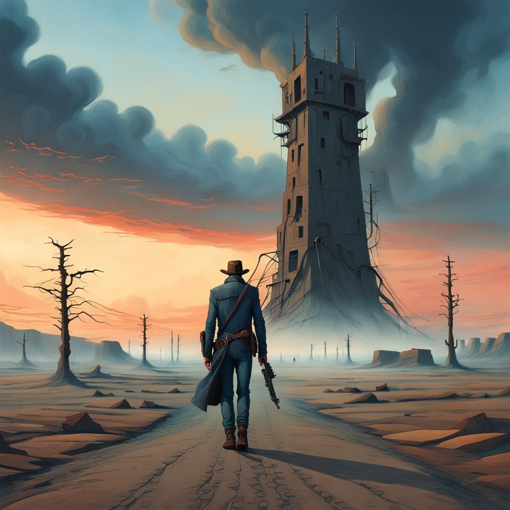 Gunslinger in Wasteland: Ominous Tower at Sunset