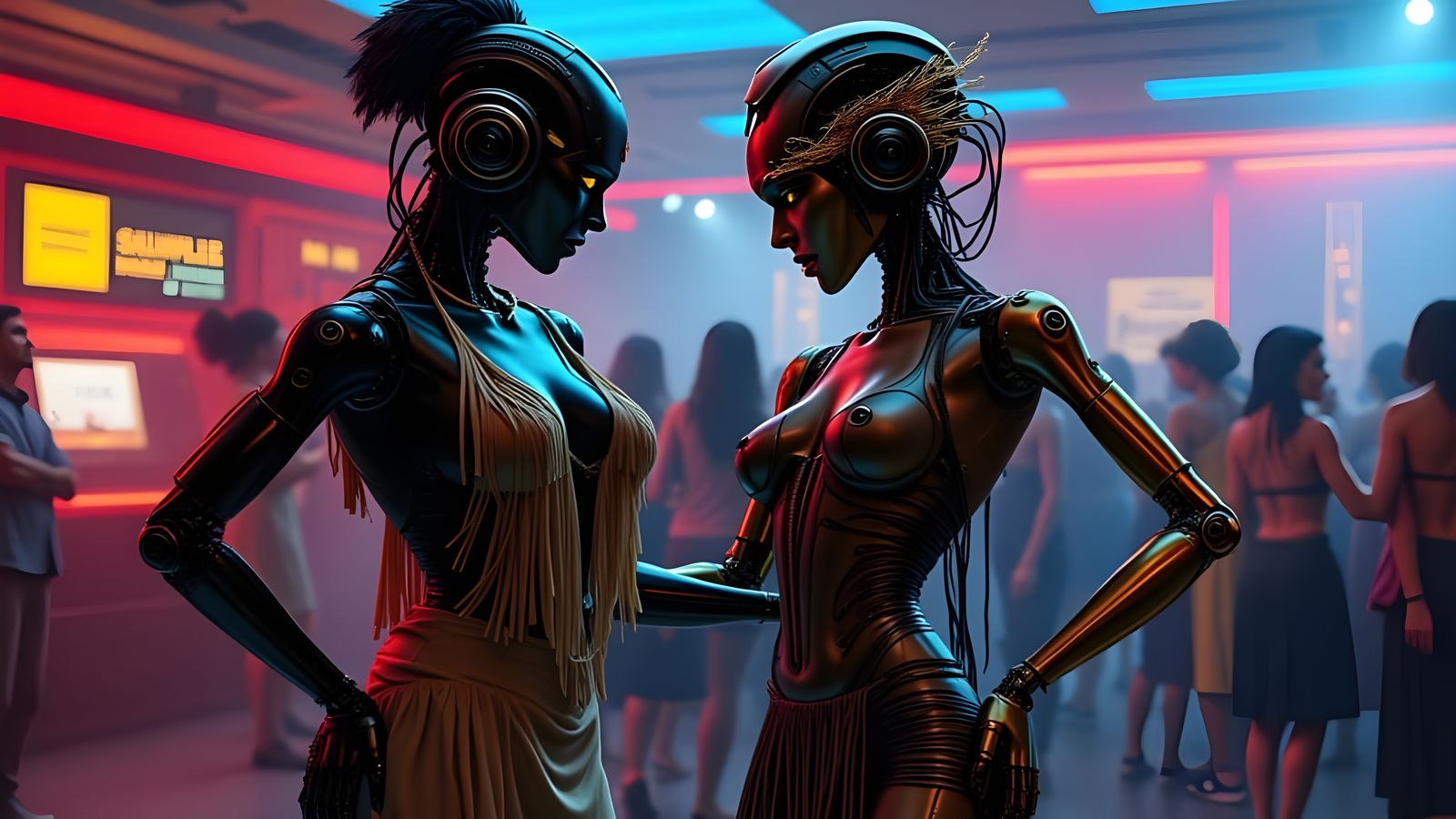 Androids Unite in Futuristic Nightclub Scene