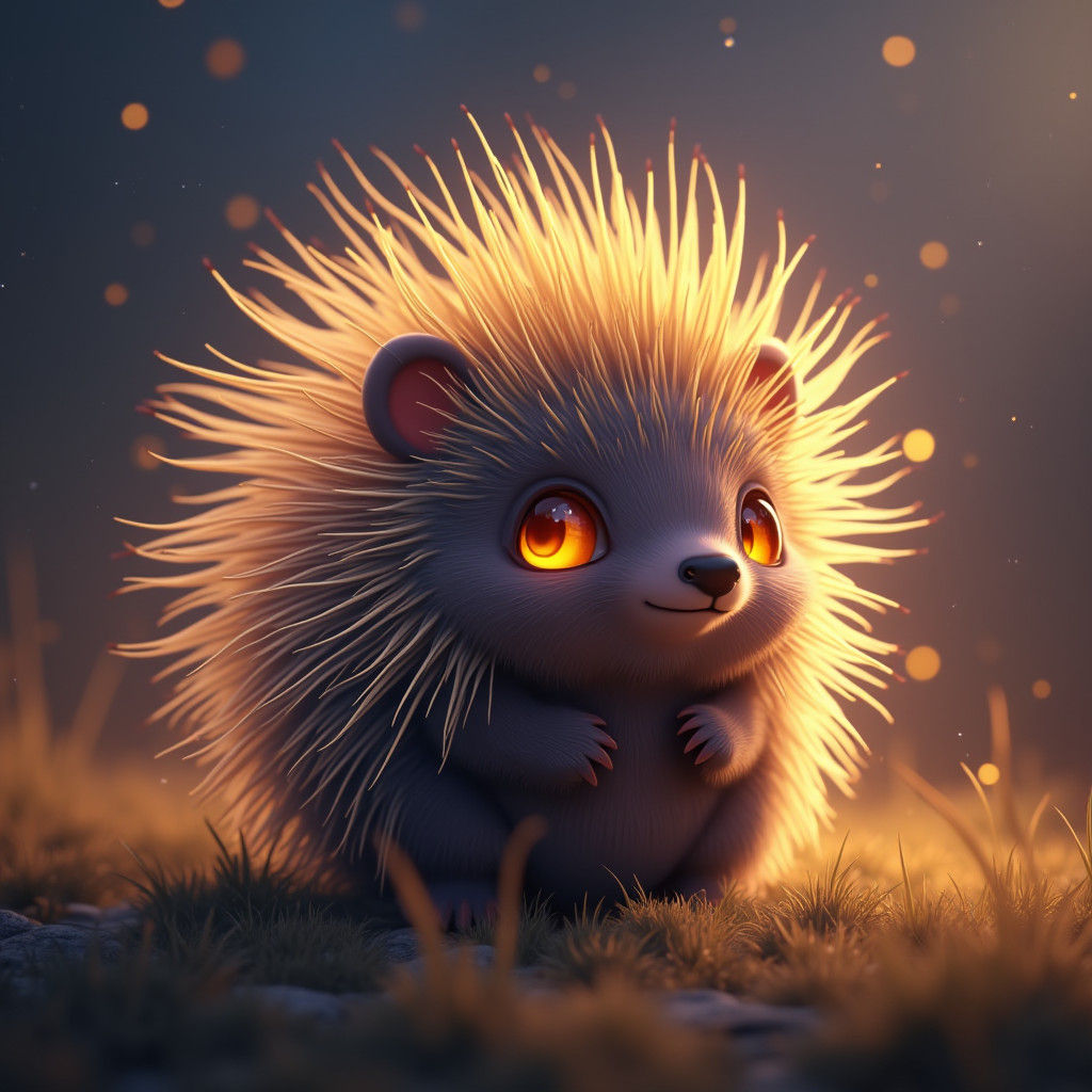 Chibi Gold-Eyed Porcupine in Fantasy Landscape