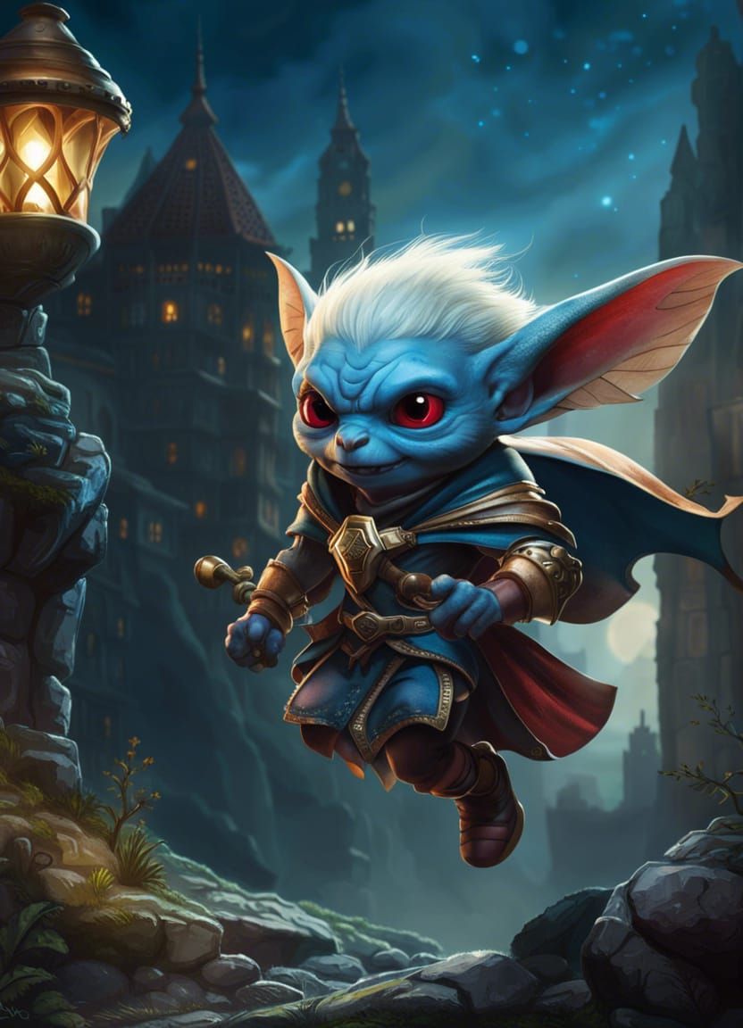 Flying Goblin Superhero in Medieval City
