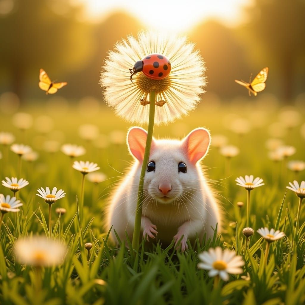 Mouse in Meadow Hiding Behind Dandelion