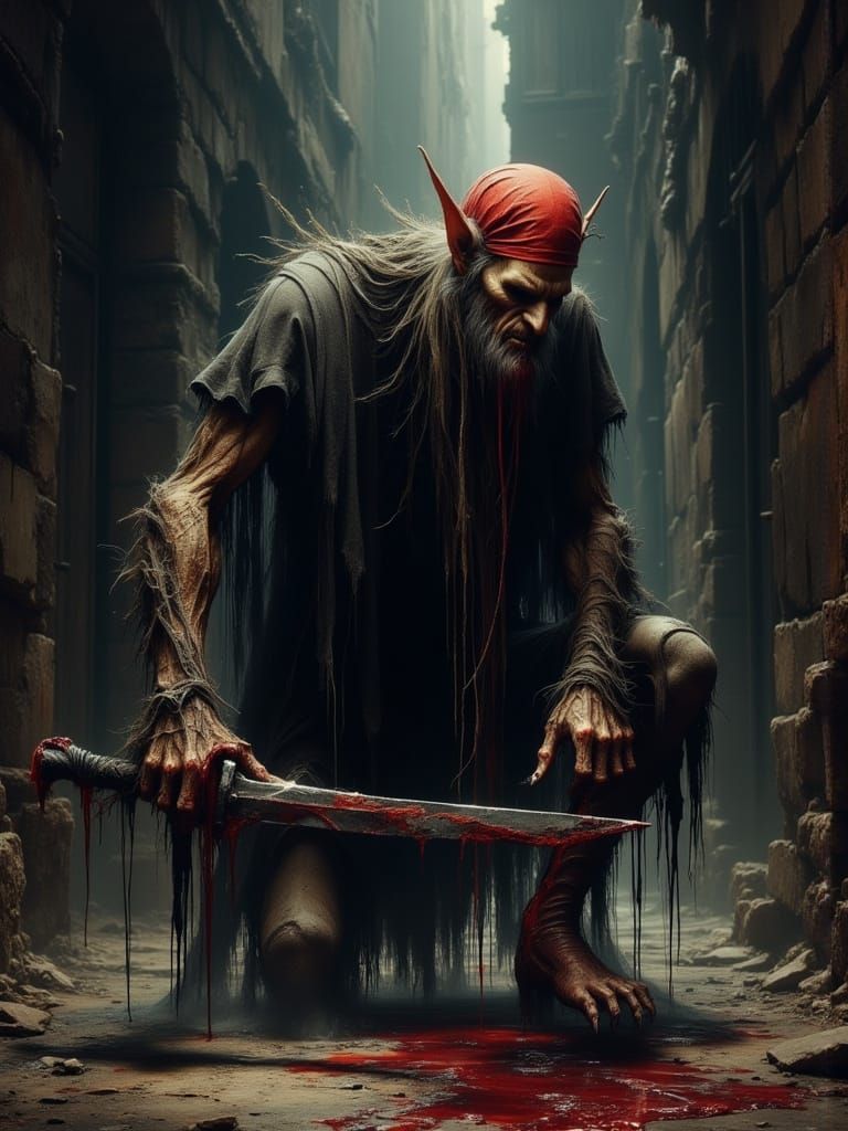 Sinister Goblin in Dark Alleyway, as Dark Oil Painting