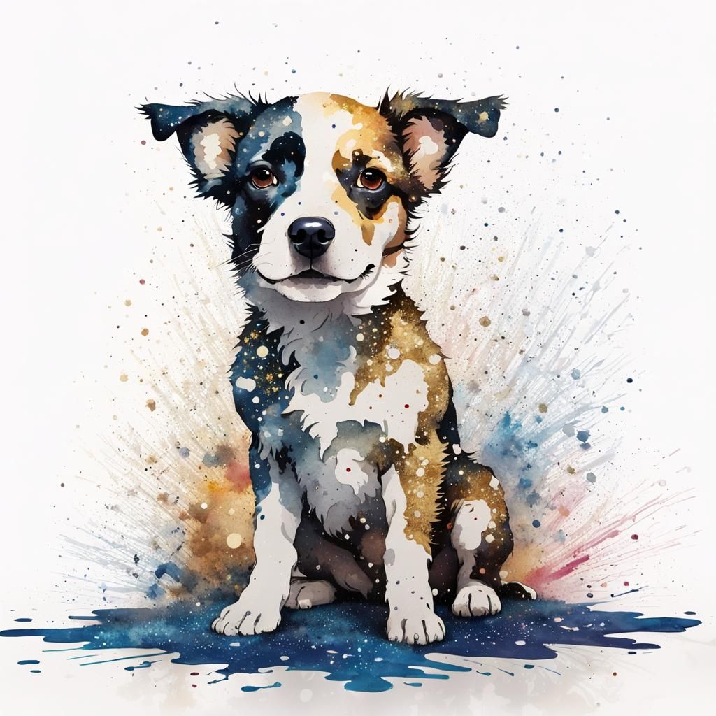 Glitter Stars Dog in Watercolor Splatter Style