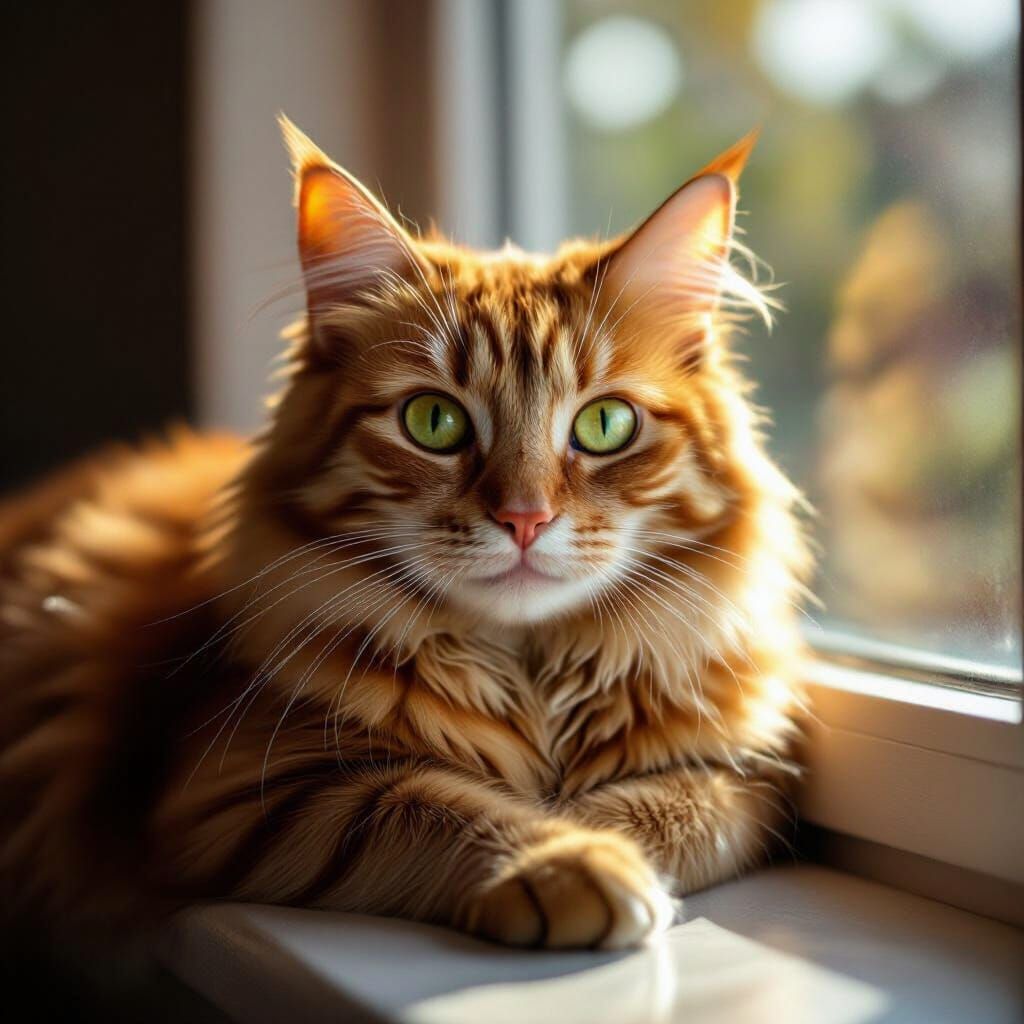 Realistic Ginger Cat with Green Eyes on Sunlit Sill