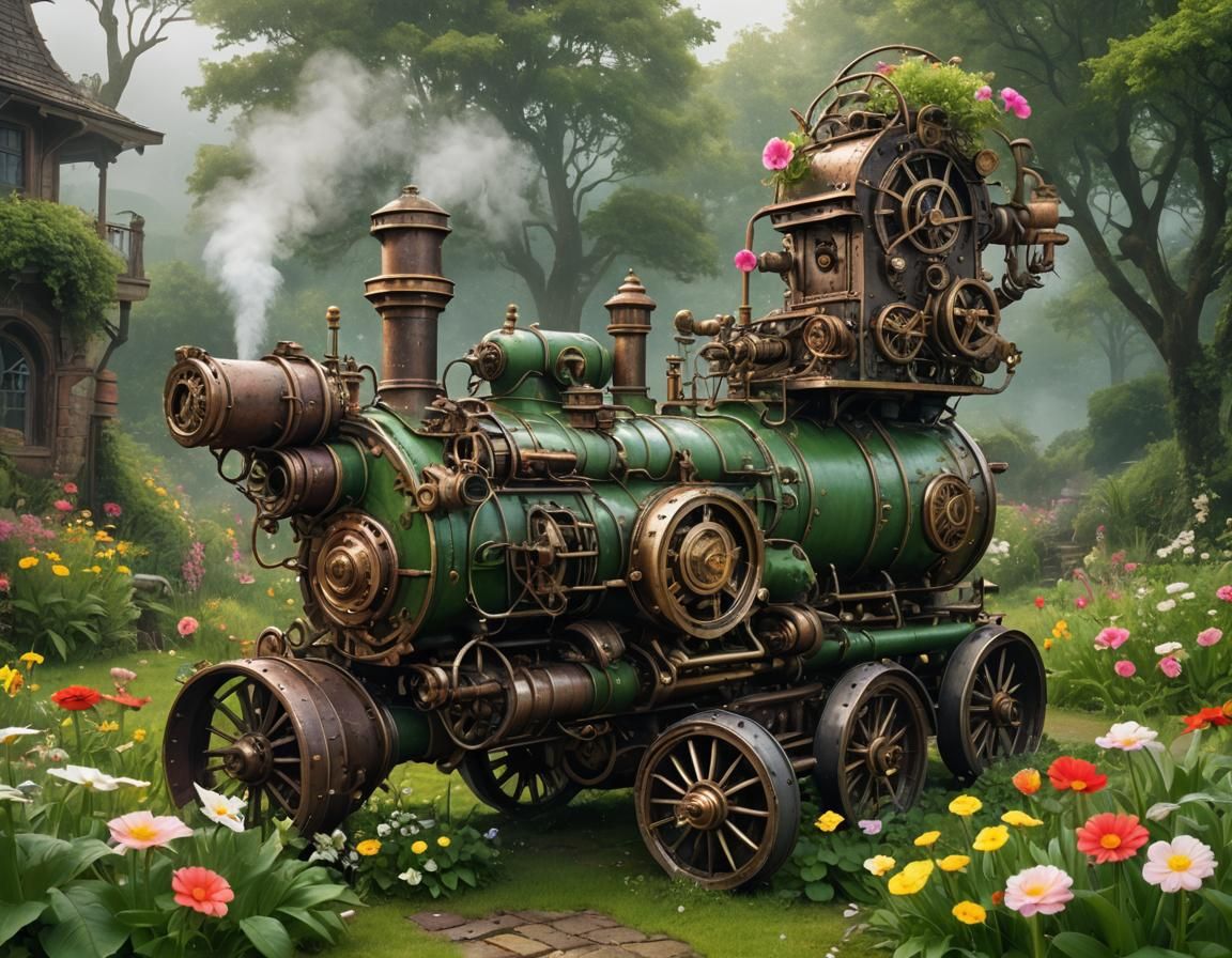 Steampunk Garden on a Hill Overlooking the Sea