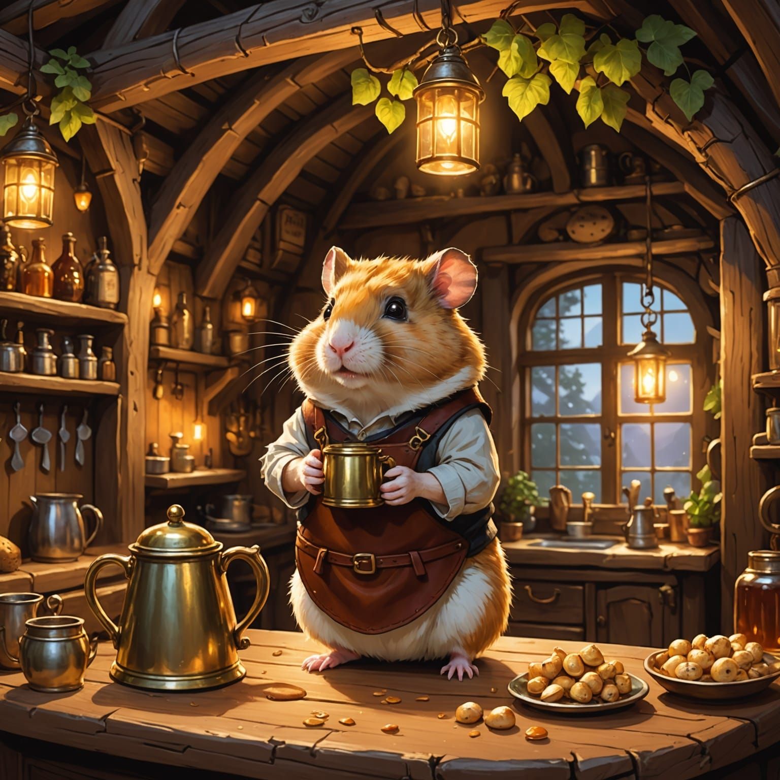 Whimsical Hamster Bartender in Hobbit Tavern