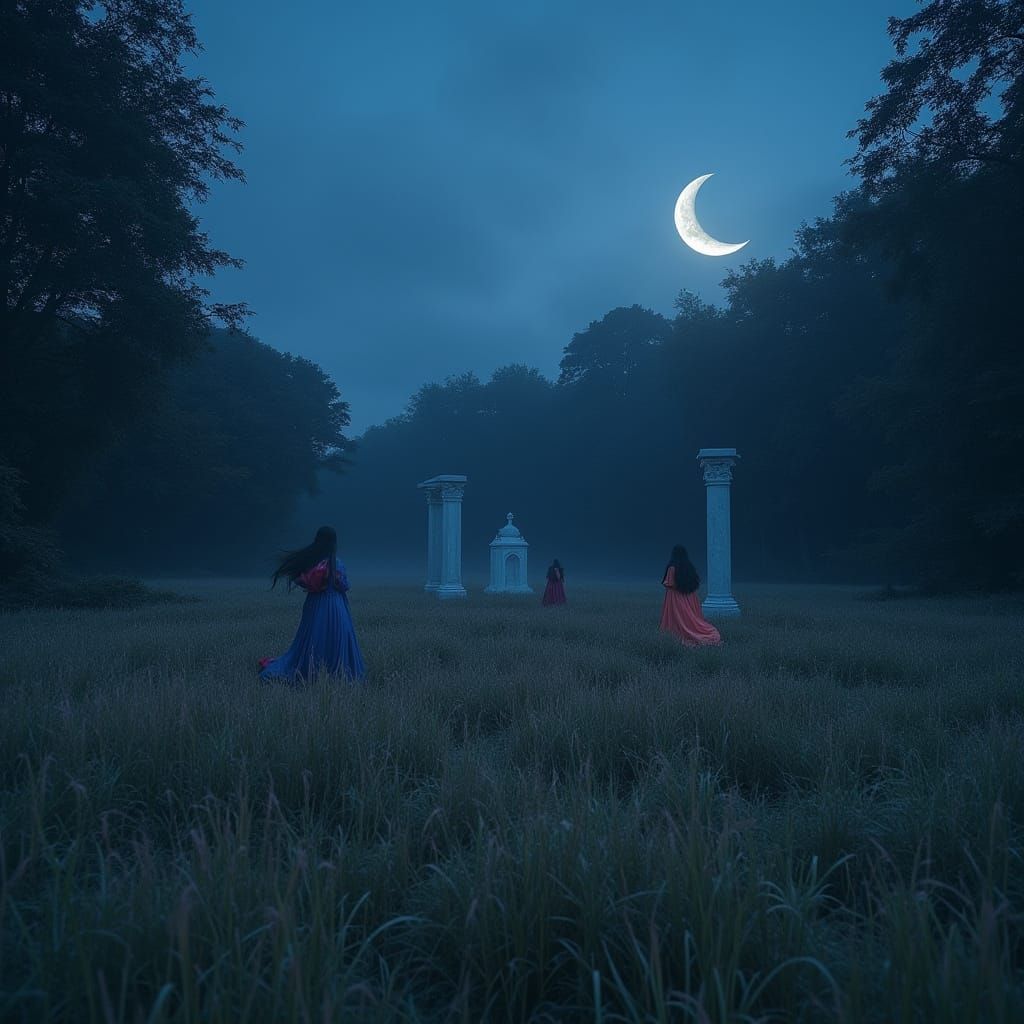 Dreamy Twilight Meadow with Ethereal Altars