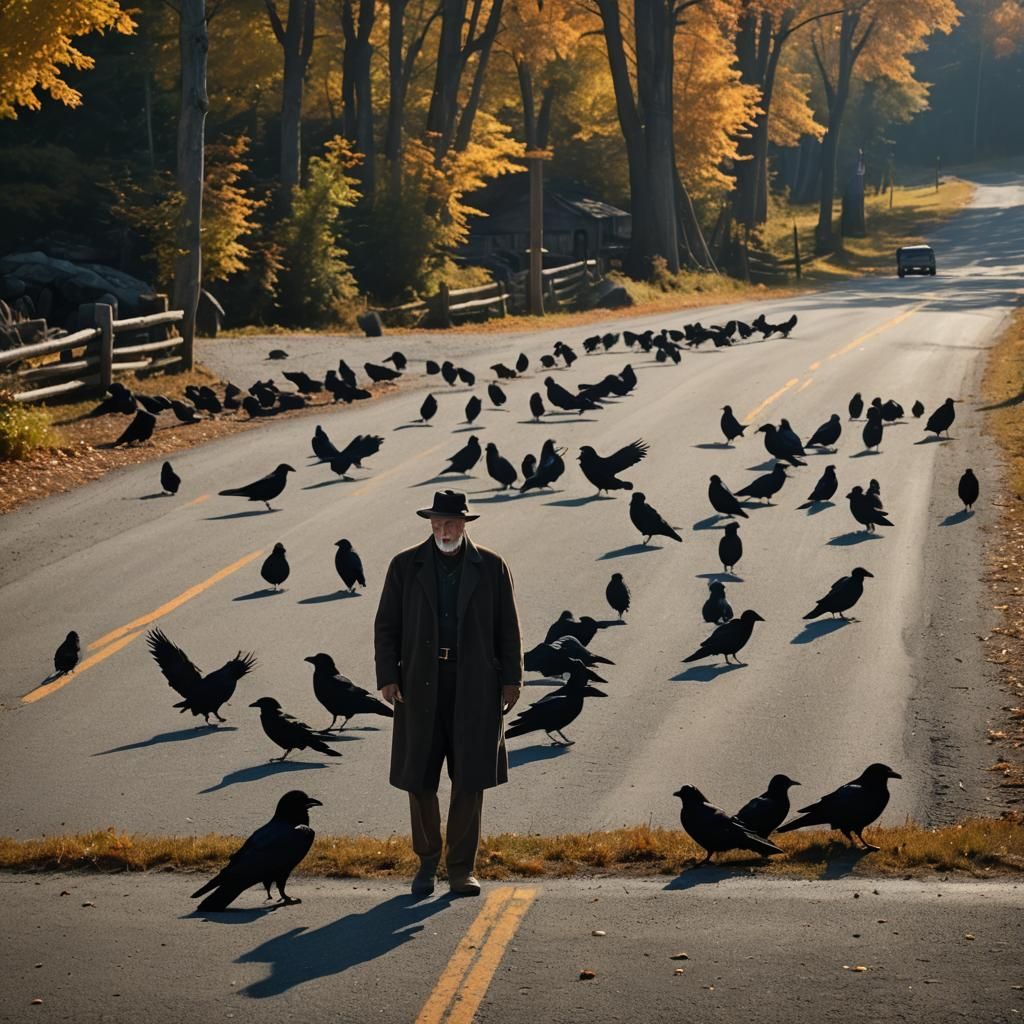 Ravens Guarding an Old Man on Autumn Road