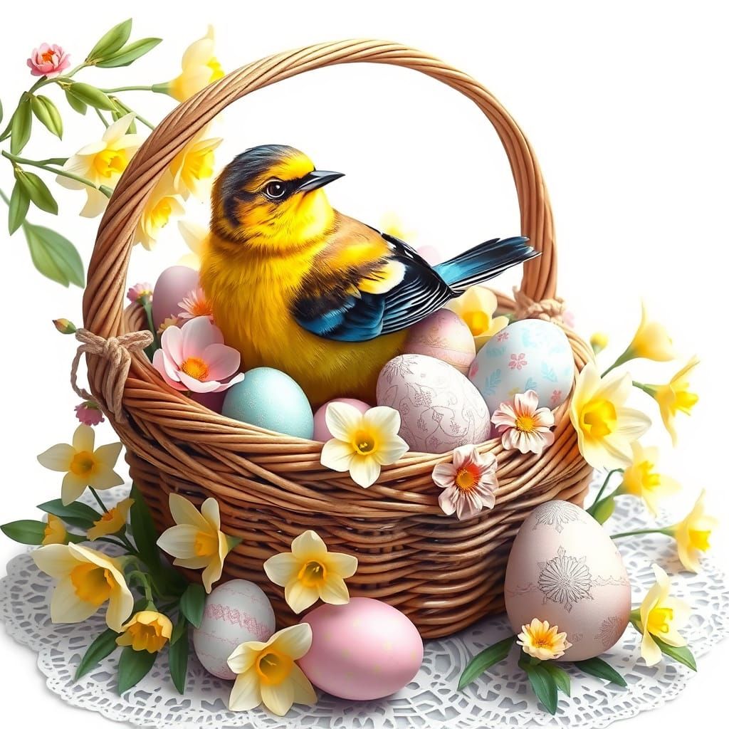 A detailed , whimsical, realistic digital oil painting, hand drawn finesse, of a yellow, blue, and black bird chilling i...